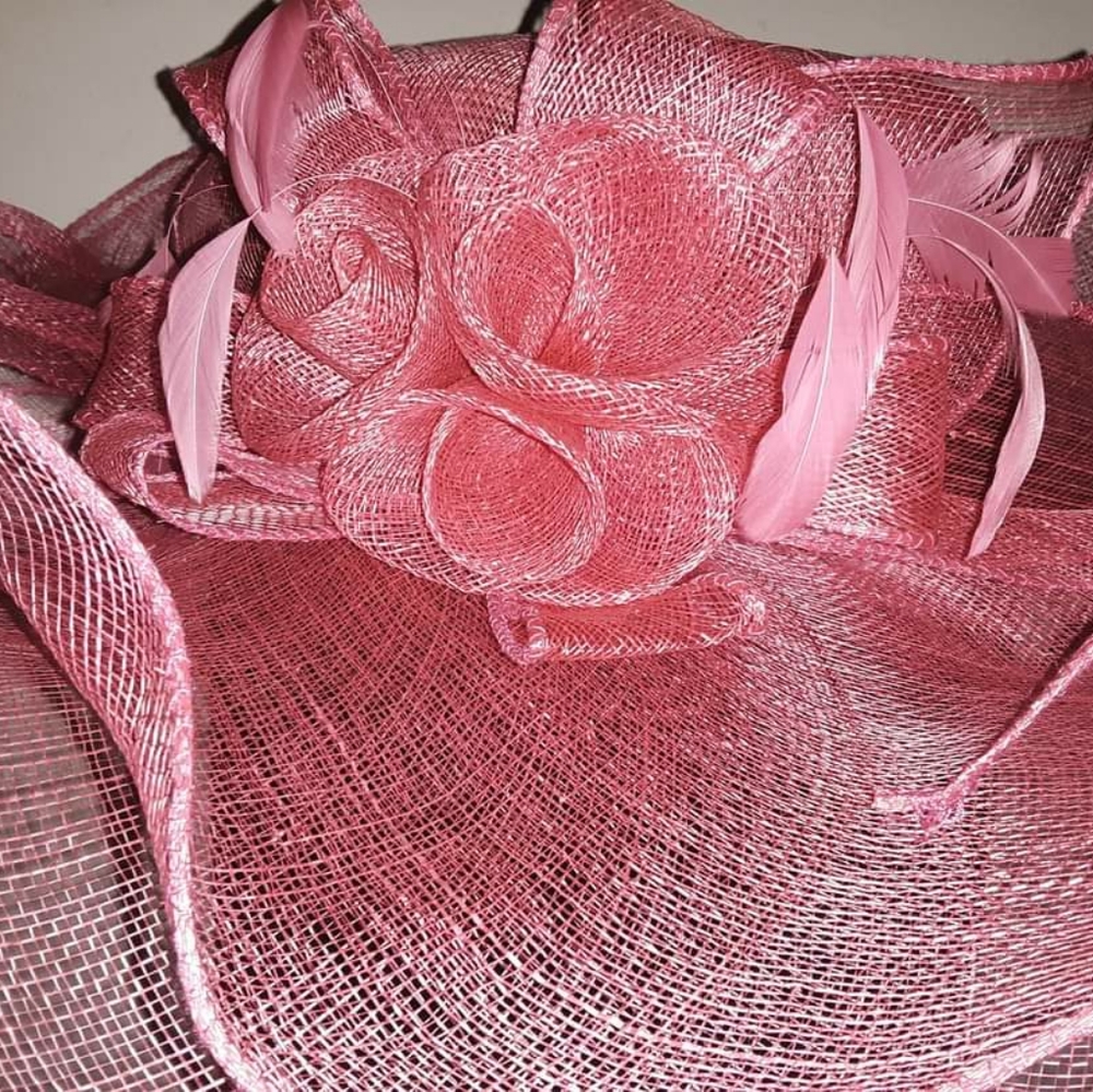KATE LANDRY Hot Pink Straw Wide Brim Hat  Feather
